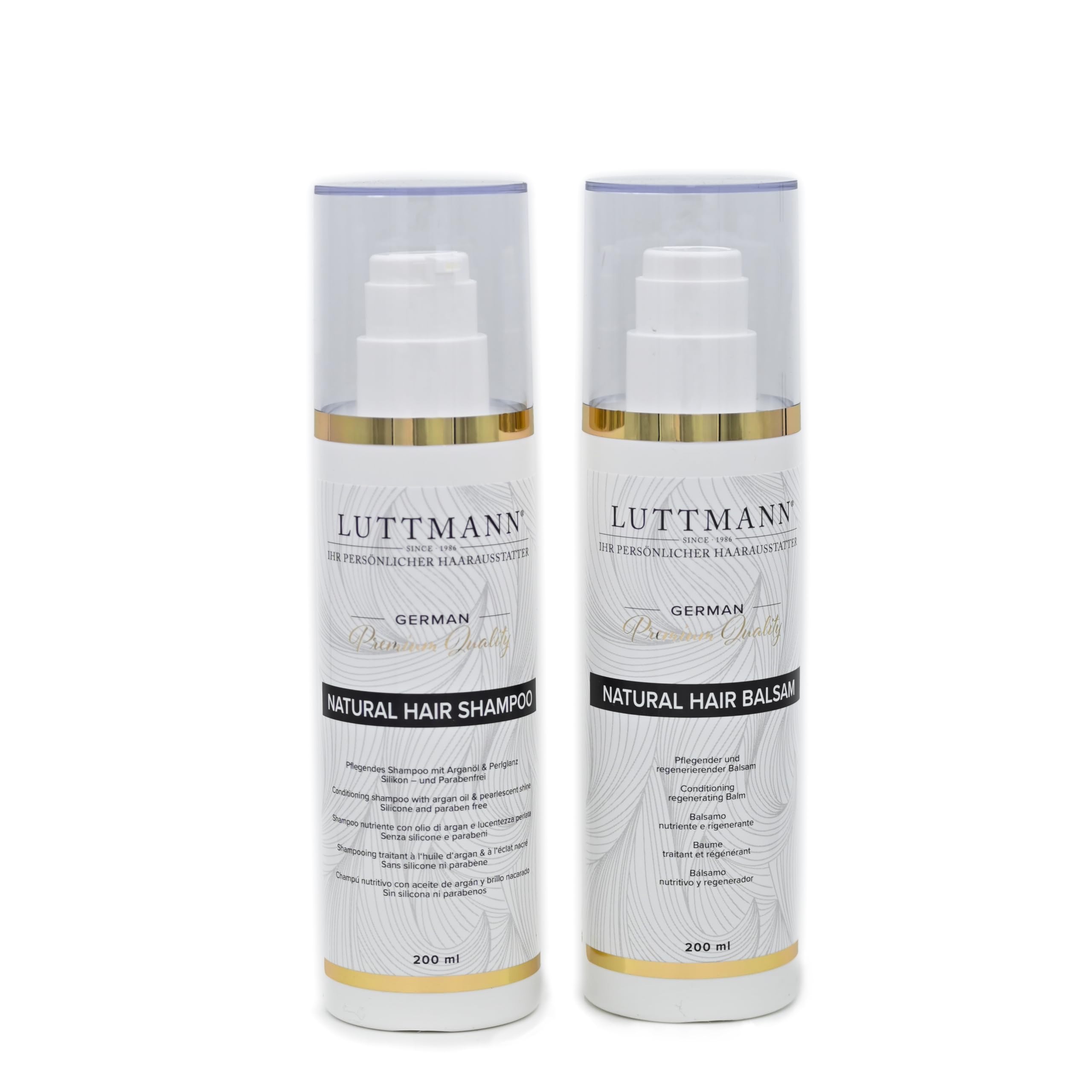 LUTTMANN® Natural Hair Shampoo + Natural Hair Balsam Set 200 ml each - Intensive care for human hair wigs hairpieces and extensions