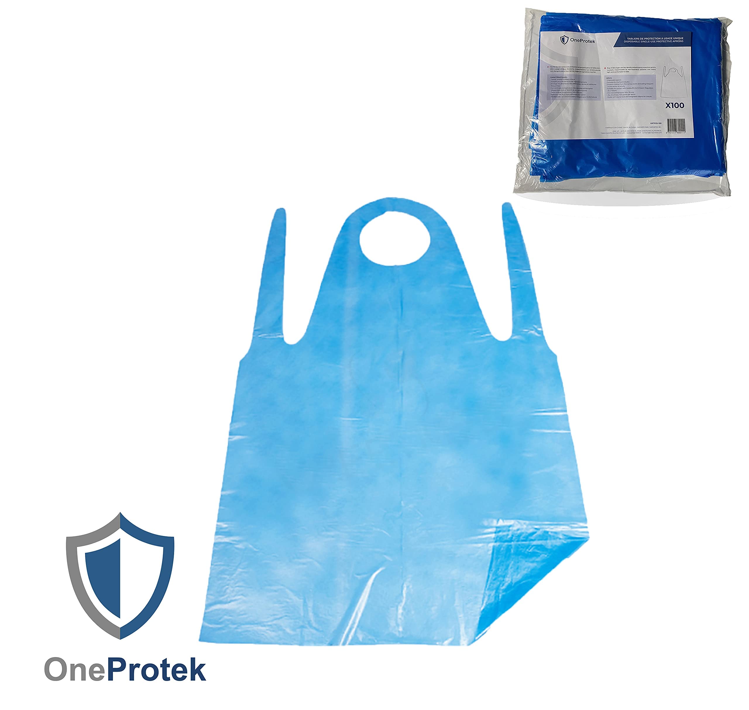OneProtek PE-Einwegschürzen 100 Stück – Wasserdichte Einmalschürzen, 25 µm, Universalgröße 119 Cm, Mit Spender