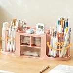 Organisateur de bureau rotatif avec 2 Porte-stylos, Organisateurs de Bureau et Stockage avec 10 Fentes 360 Degré Porte-crayon rotatif pour les organisateurs de tiroirs de bureau+3+1 Plateau de rangement supérieur pour fournitures scolaires