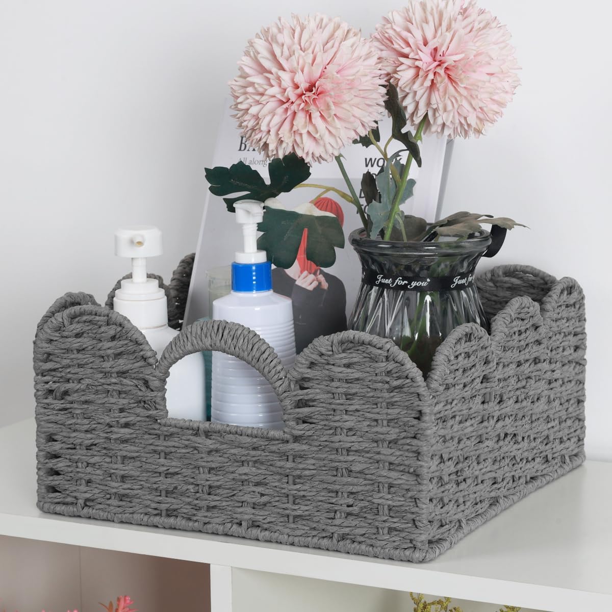 Storage Baskets for Shelves Scalloped Desk Organizer Paper Rope Bin Grey image 2