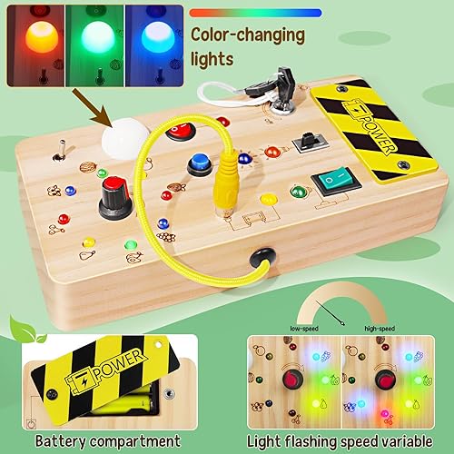 Miniatura 3 de Tablero de actividades para niños pequeños con luz LED, tablero Montessori de madera con 8 interruptores de luz, juguetes Montessori para niñas de 3