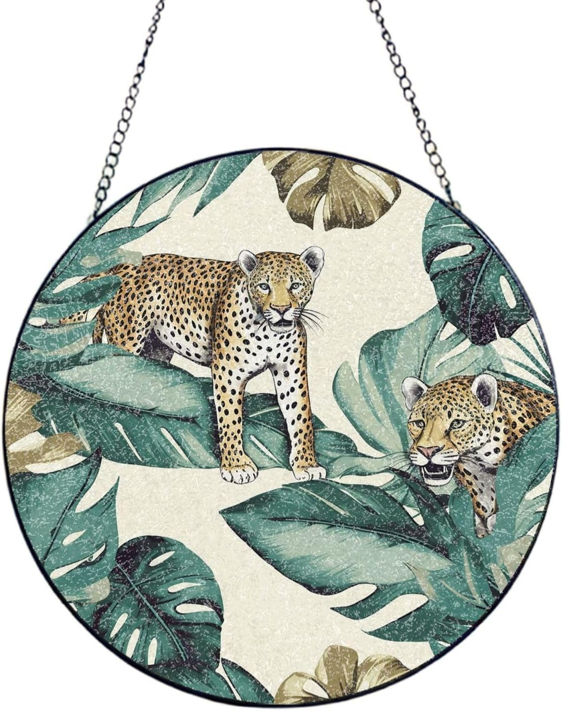 Stained Glass Window Hanging Leopard and Palm Leaves Sun Catchers Indoor Outdoor Decor Window Suncatcher Door Garden Sunroom Sun Catcher Home Decor Birthday Christmas for Mom Men