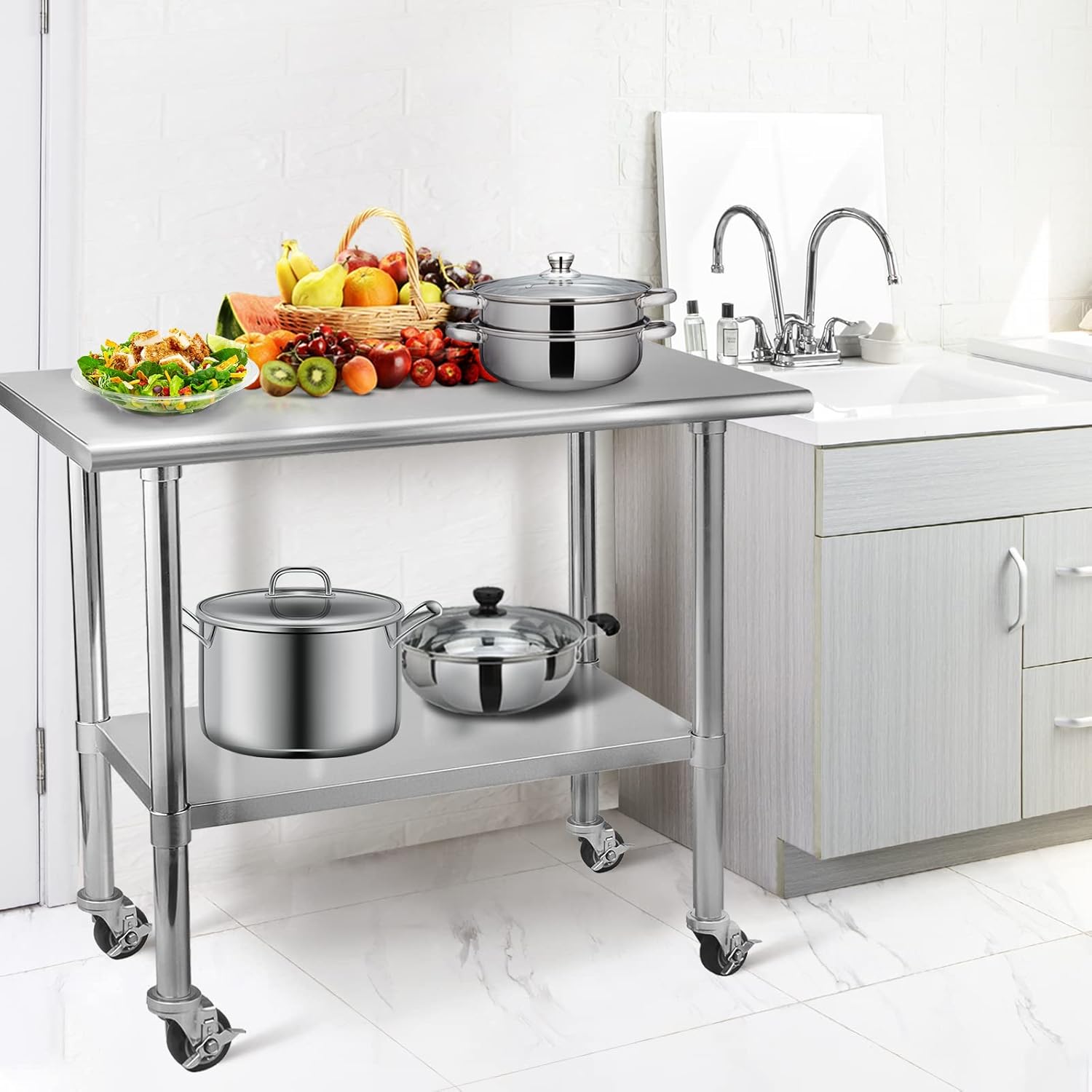 HOCCOT Stainless Steel Table for Prep & Work 24" X 60" inches with Adjustable Shelf and Backsplash, Commercial Workstations, Utility Table in Kitchen Garage Laundry Room Outdoor BBQ : Industrial & Scientific