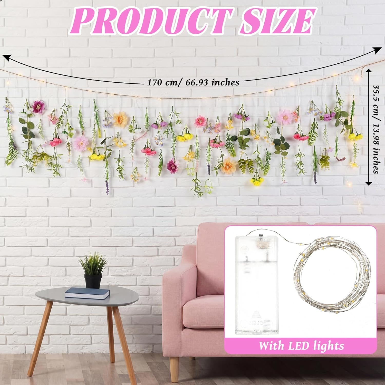 5.6 ft Wildflowers Hanging Garlands with LED Lights Artificial Flower Wall Decor Fake Rustic Floral Vines Rose Eucalyptus Daisy Backdrop Set for Ceiling Farmhouse Wedding Home Garden(Fresh)