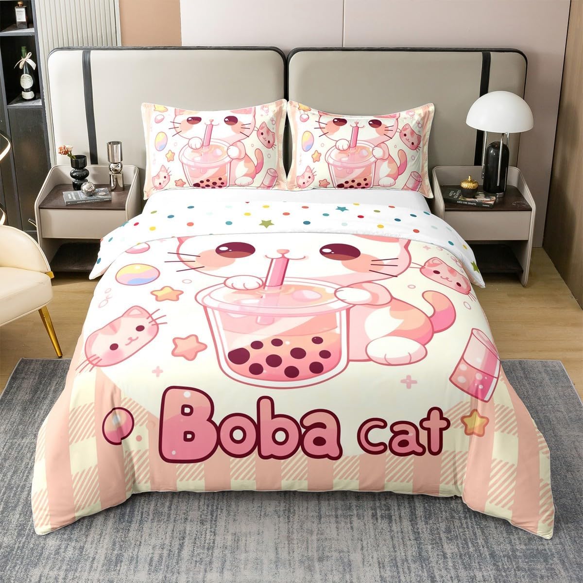 Feelyou Bubble Tea Cat Duvet Cover 100% Cotton Twin Size Boba Tea Bedding Set for Boys Girls Cute Kitten Cat Comforter Cover Drinking Bedroom Decor 2Pcs Zipper Closure with 1 Pillowcase