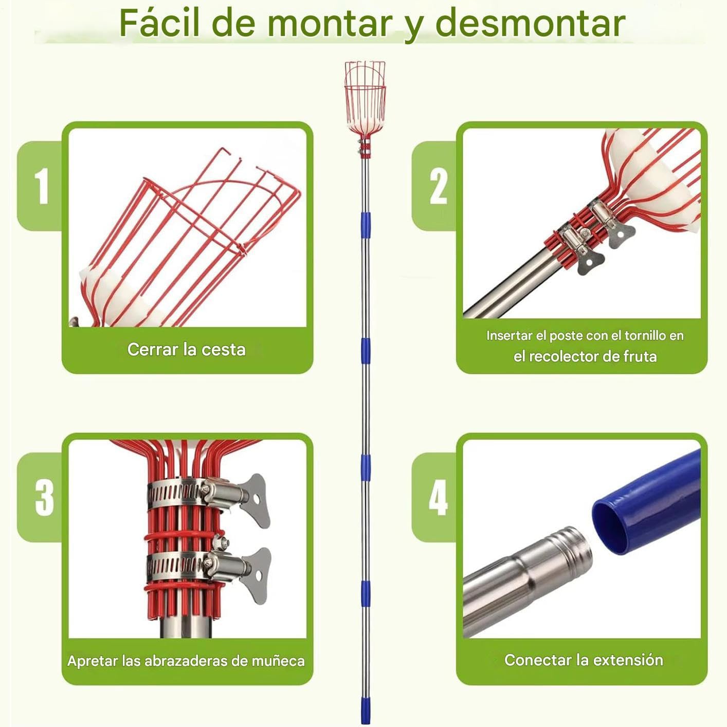 Varilla Telescópica con Cesta para Frutas | Recolector de Árboles Frutales de 4 m - Herramienta Portátil de Recolección para Naranjas, Limones, Melocotones, Peras, Granadas, Aguacates y Huertos