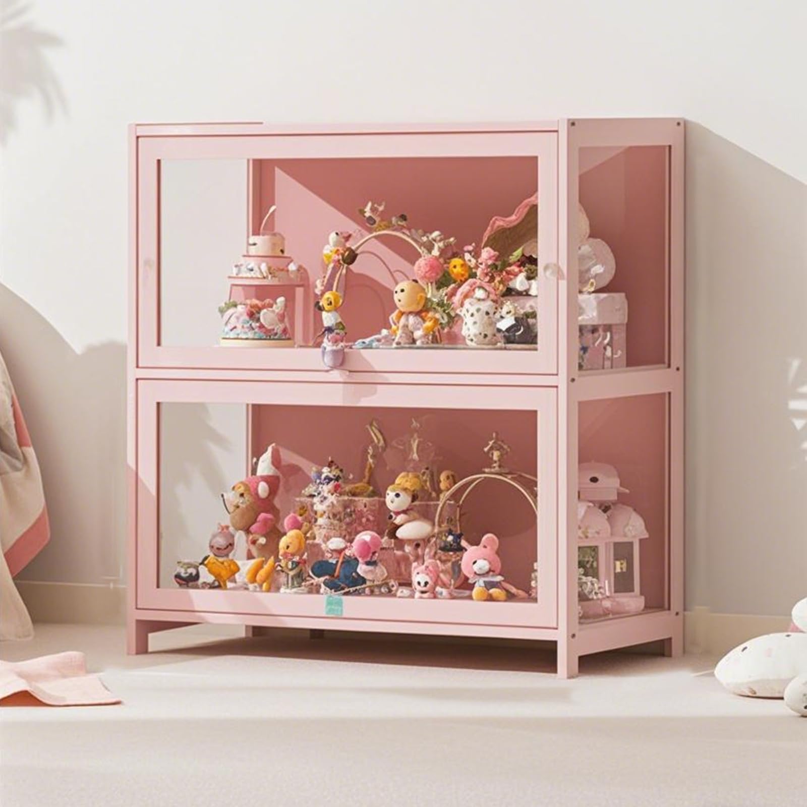 Hggdsac Figure Display Case, Curio Cabinet, Toys Display Case, flip-top Door Design, Sealed And Dustproof, Natural Bamboo Frame, for Collectibles, Trophy, Books, Double layer, 40cm×33cm×73cm-Pink