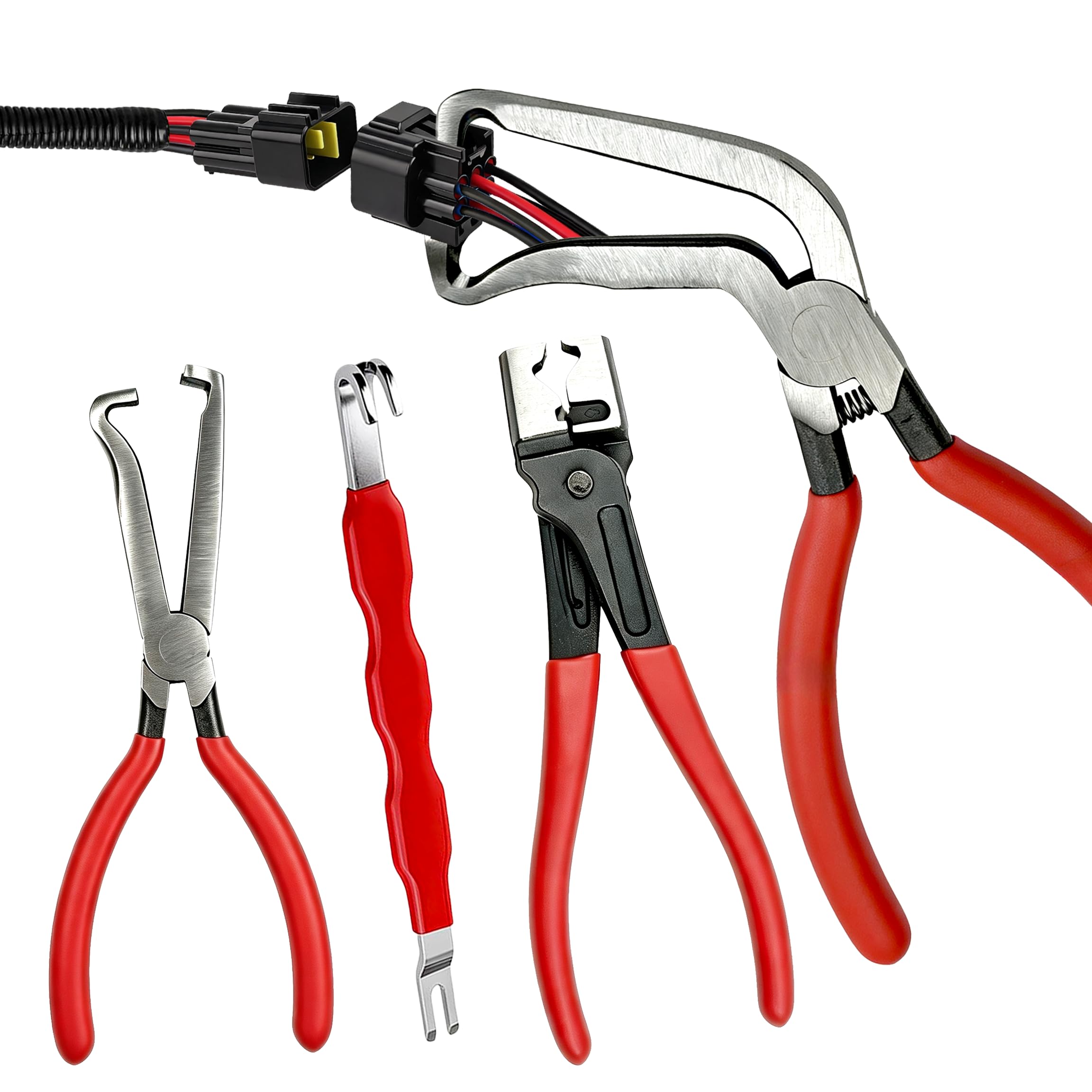Juego de herramientas de desconexión de conector eléctrico: alicates rectos y en ángulo de 60°, herramienta separadora de doble extremo y alicates de abrazadera de manguera de cuello Clic/Clic-R para