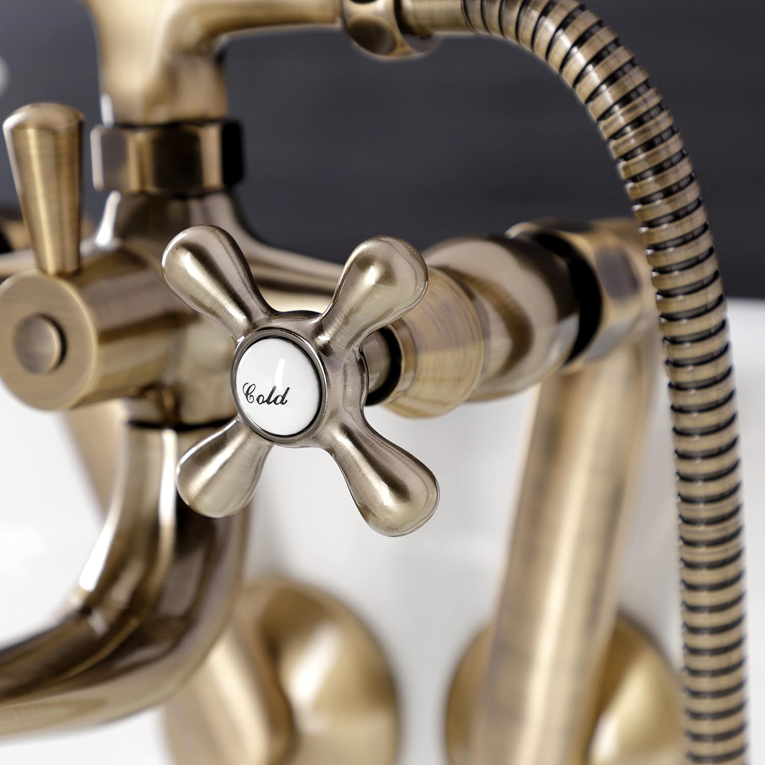 Kingston Brass KS229AB Kingston Wall Mount Clawfoot Tub Faucet with Hand Shower, Antique Brass