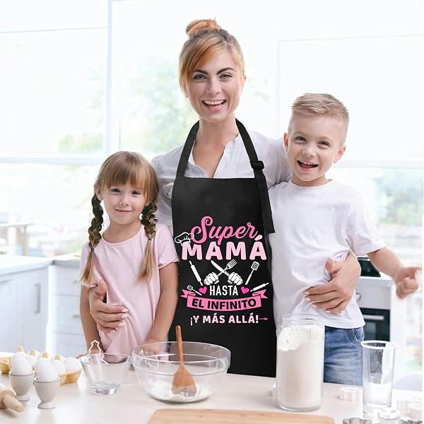 Jbniuay Delantal de Mamá Negro para Cocina - Chef Impermeable con 3 Bolsillos - Regalo para el Día de la Madre/Esposa - 4