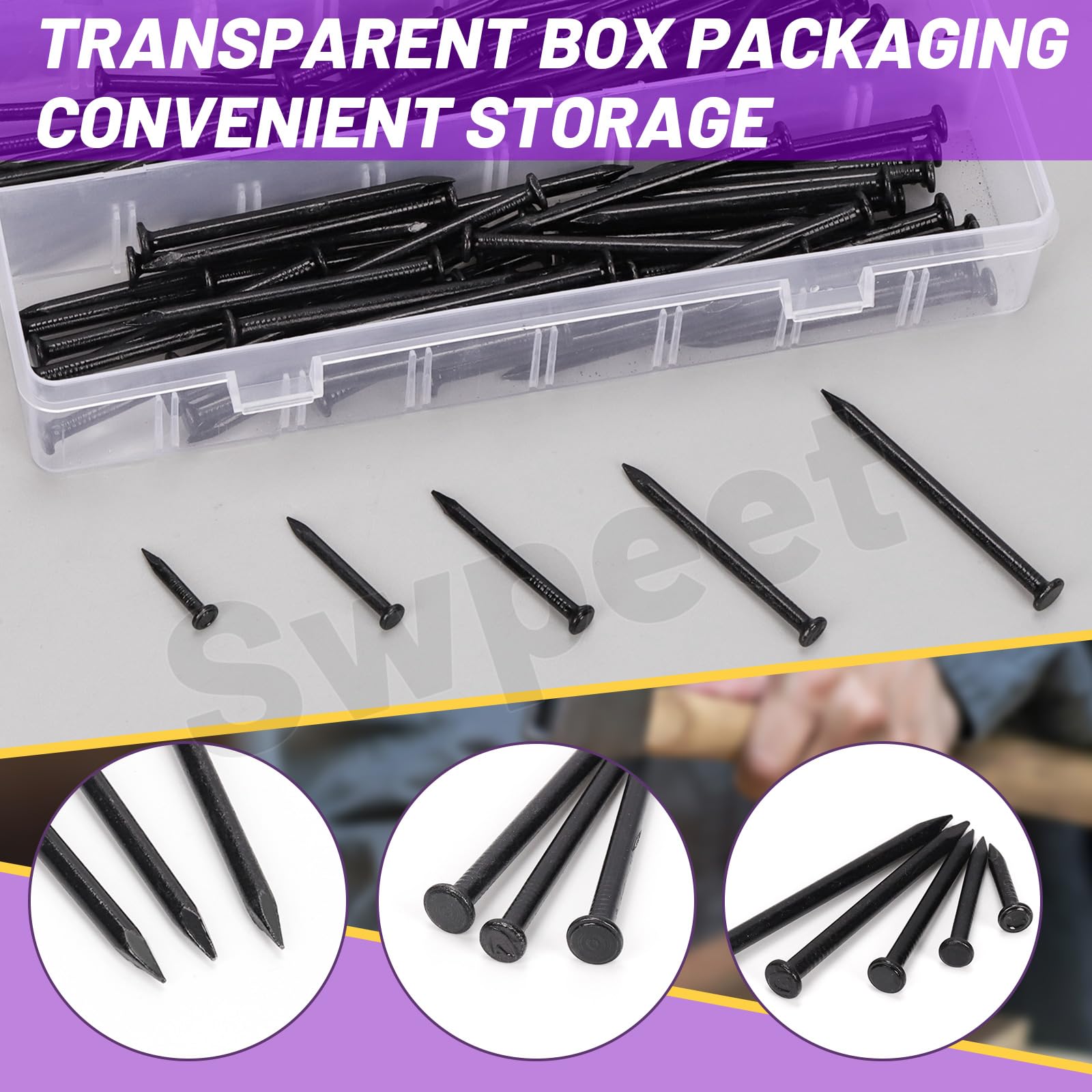 300 Pcs Hardware Nails - Assortment Kit for Concrete & Wood -6