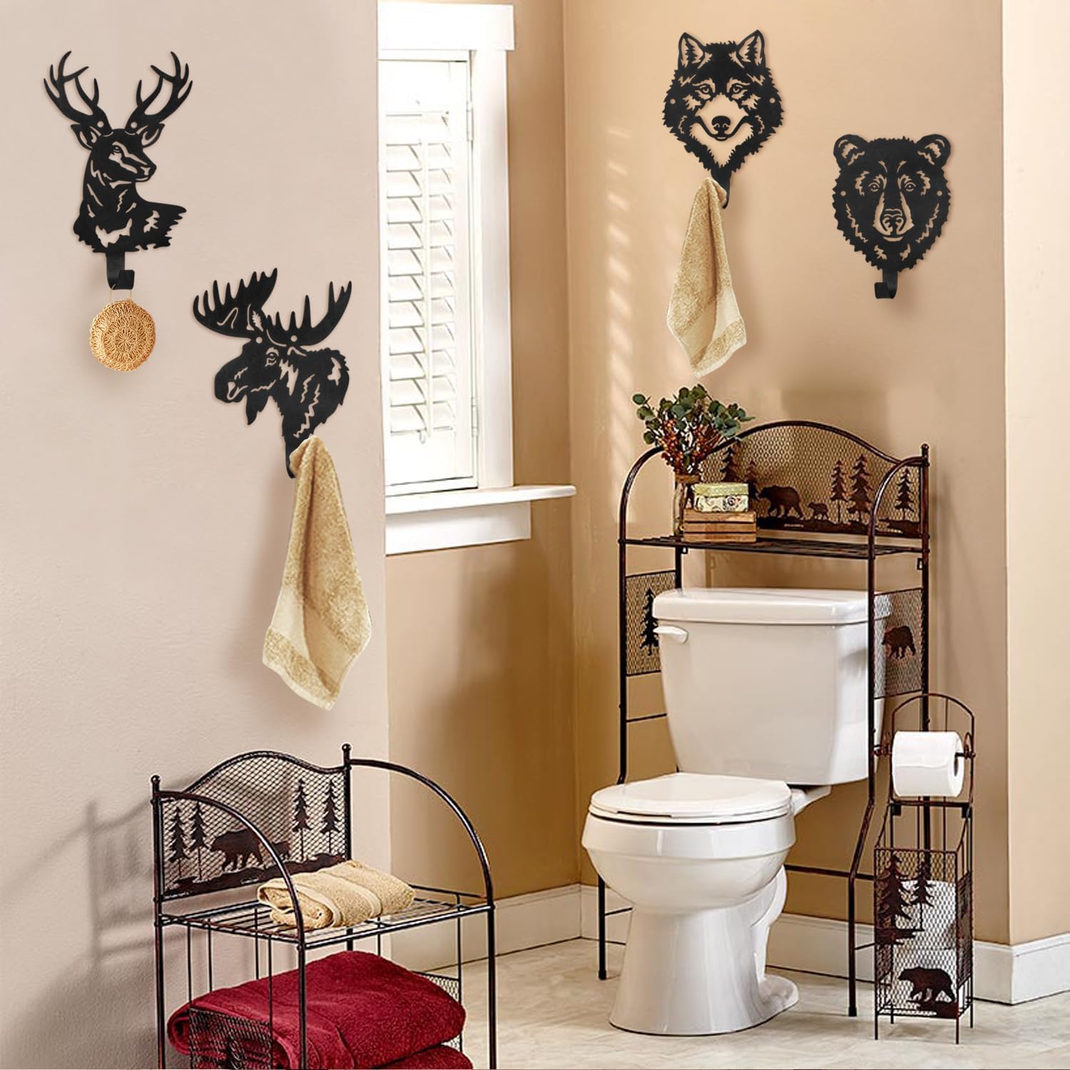 YY Ladybug 4pcs Animal hooks - Bear, Deer, Wolf Design - Durable Metal Wall Mounted Hangers for Coats, Robes, Towels (Black)