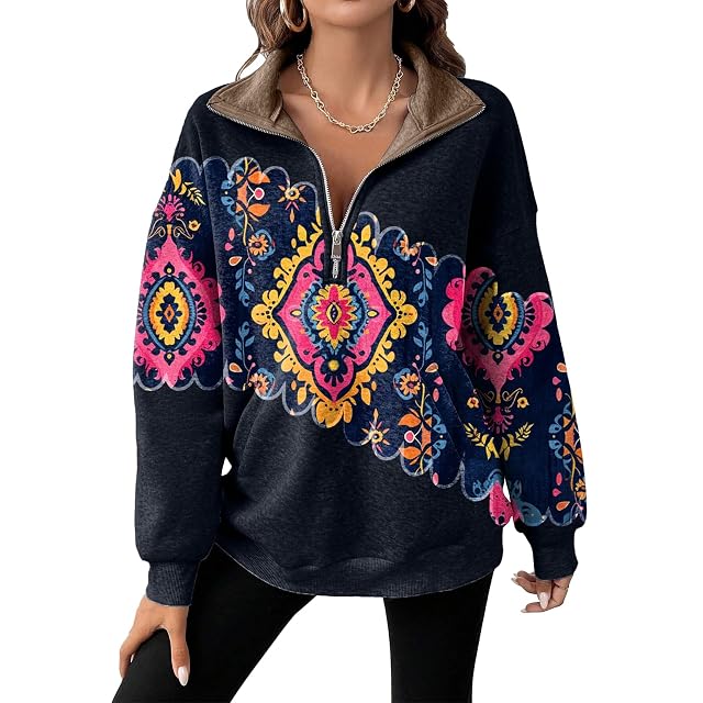 Aztec Print Sweatshirt for Woman Ethnic Graphic Long Sleeve Half Zip Pullover High Neck Loose Hoodies With Pockets