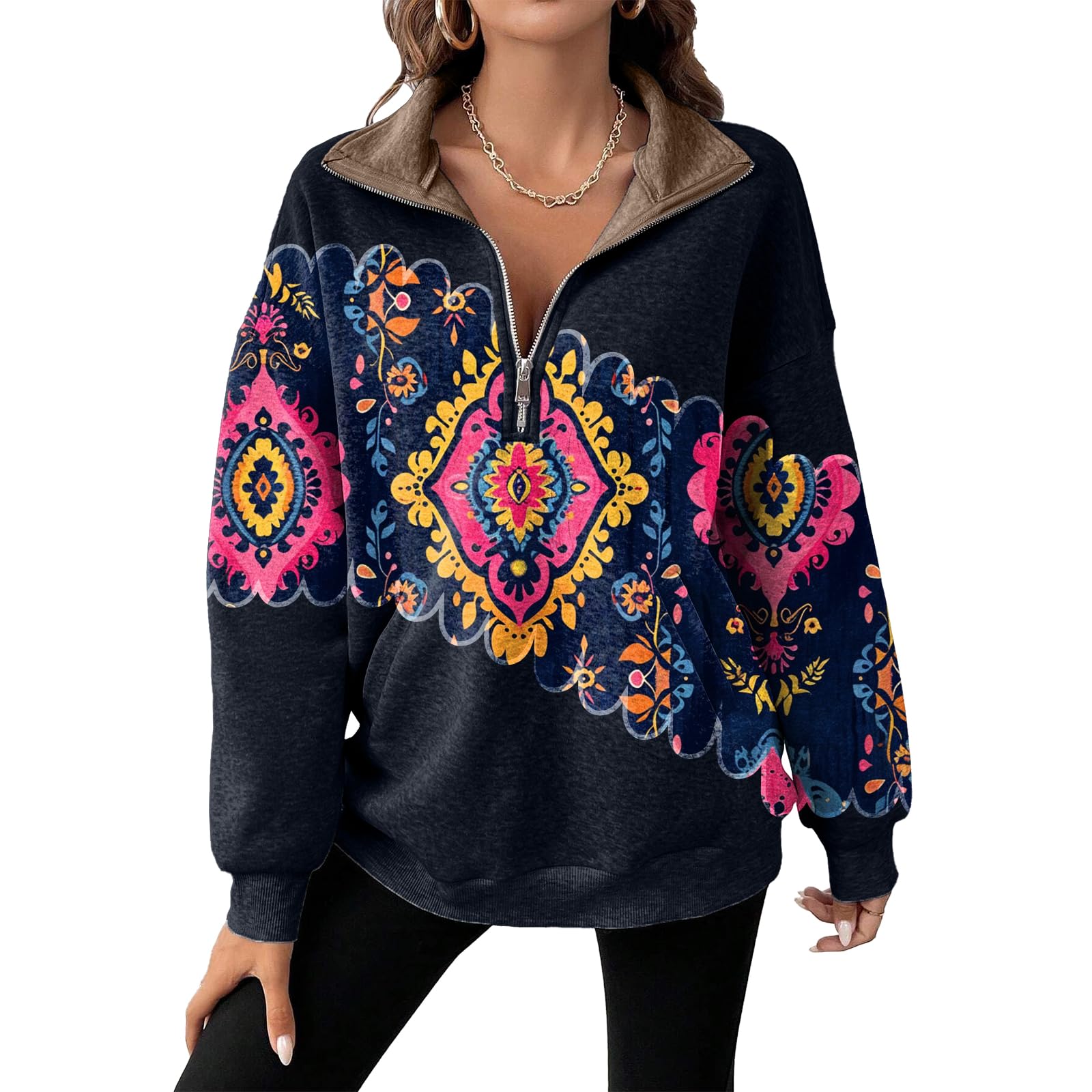 Aztec Print Sweatshirt for Woman Ethnic Graphic Long Sleeve Half Zip Pullover High Neck Loose Hoodies With Pockets