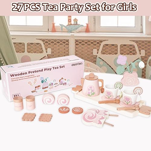 Miniatura 3 de Juego de té de madera para niñas pequeñas, juguete de juego de té con 27 piezas de accesorios de cocina de simulación, juguete de té de princesa,