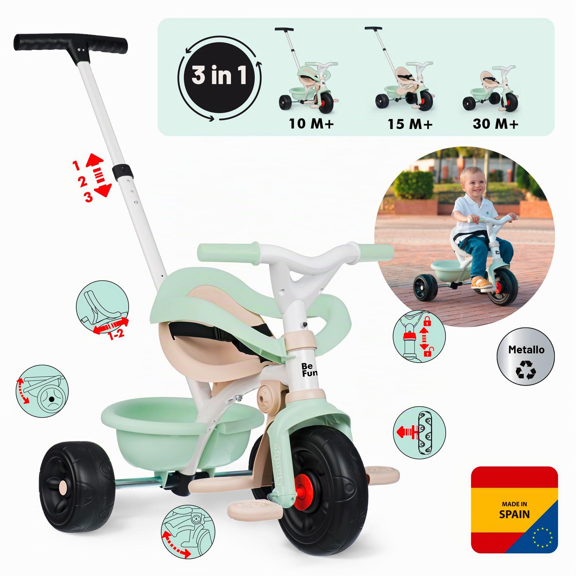 Smoby - Triciclo Be Fun Confort - 3 in 1 Evolutivo - Maniglione Parentale Regolabile a 3 Altezze - Seduta Regolabile - Dai 10 Mesi ai 3 Anni - Prodotto in Spagna