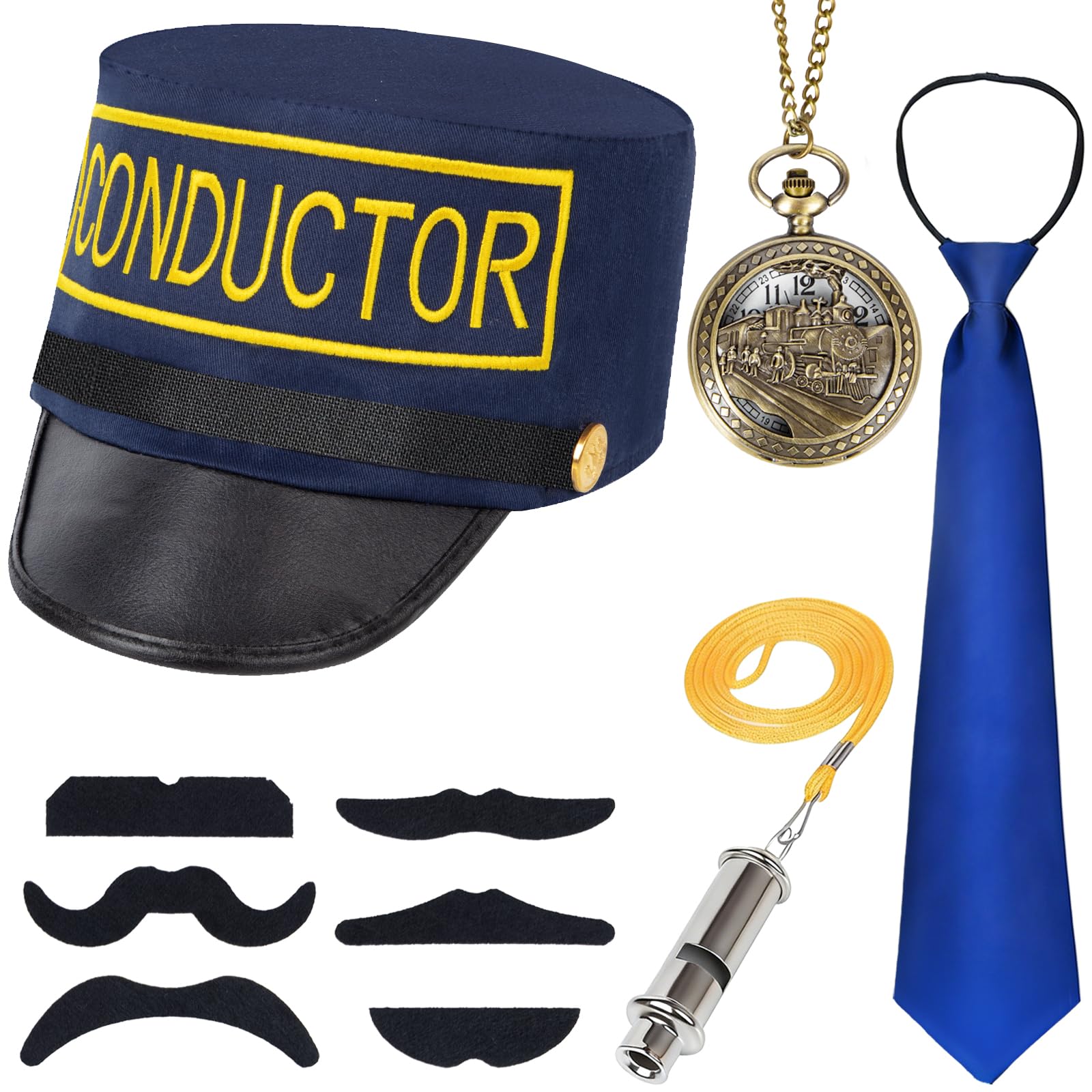 Anroong Train Conductor Costume Accessories for Adults Express Costume Set with Conductor Hat Train Whisle Pocket Watch Mustaches Dress Up