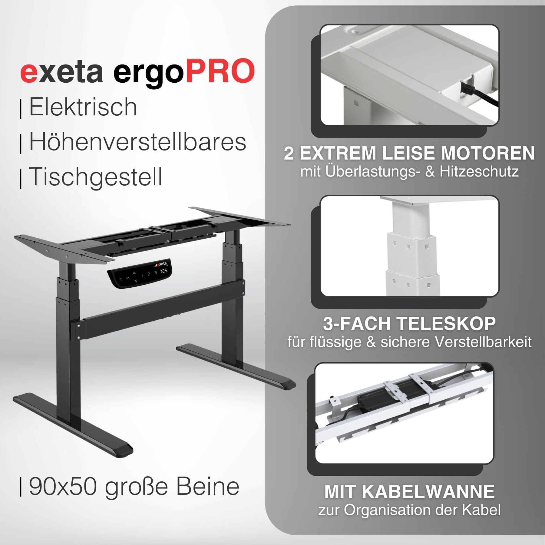 ergoPRO höhenverstellbarer Schreibtisch Gestell elektrisch 63-125 cm in grau I Schreibtischgestell höhenverstellbar mit 2 Motoren & Memory-Funktion I Tisch höhenverstellbar mit 3-Fach-Teleskop