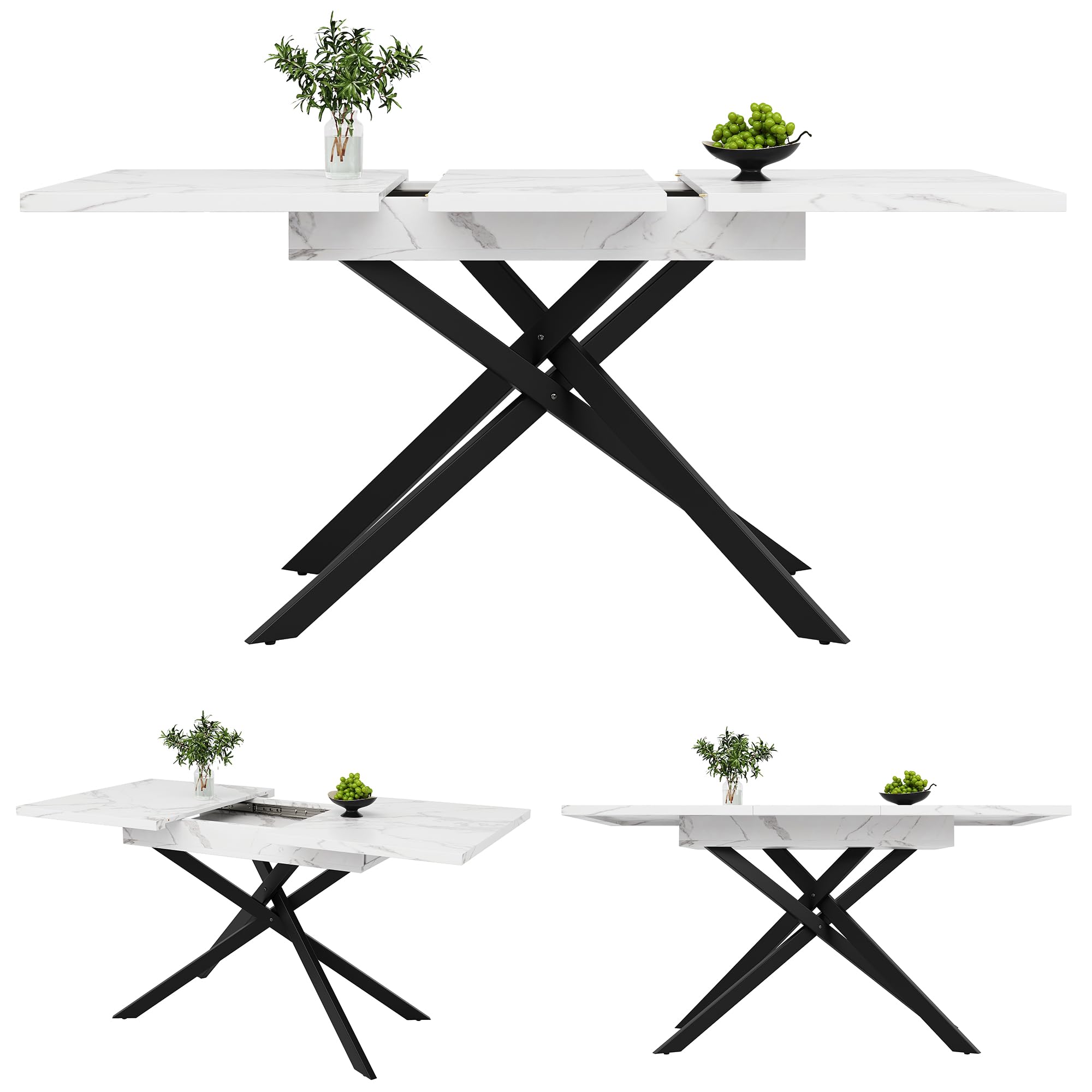 Mesa de comedor telescópica (120-160 cm), mesa de comedor extensible, ahorra espacio, patas de hierro cruzadas negras, para cocina y salón, mesa de mármol blanco (blanco, 120-160 x 80 x 76,5 cm)