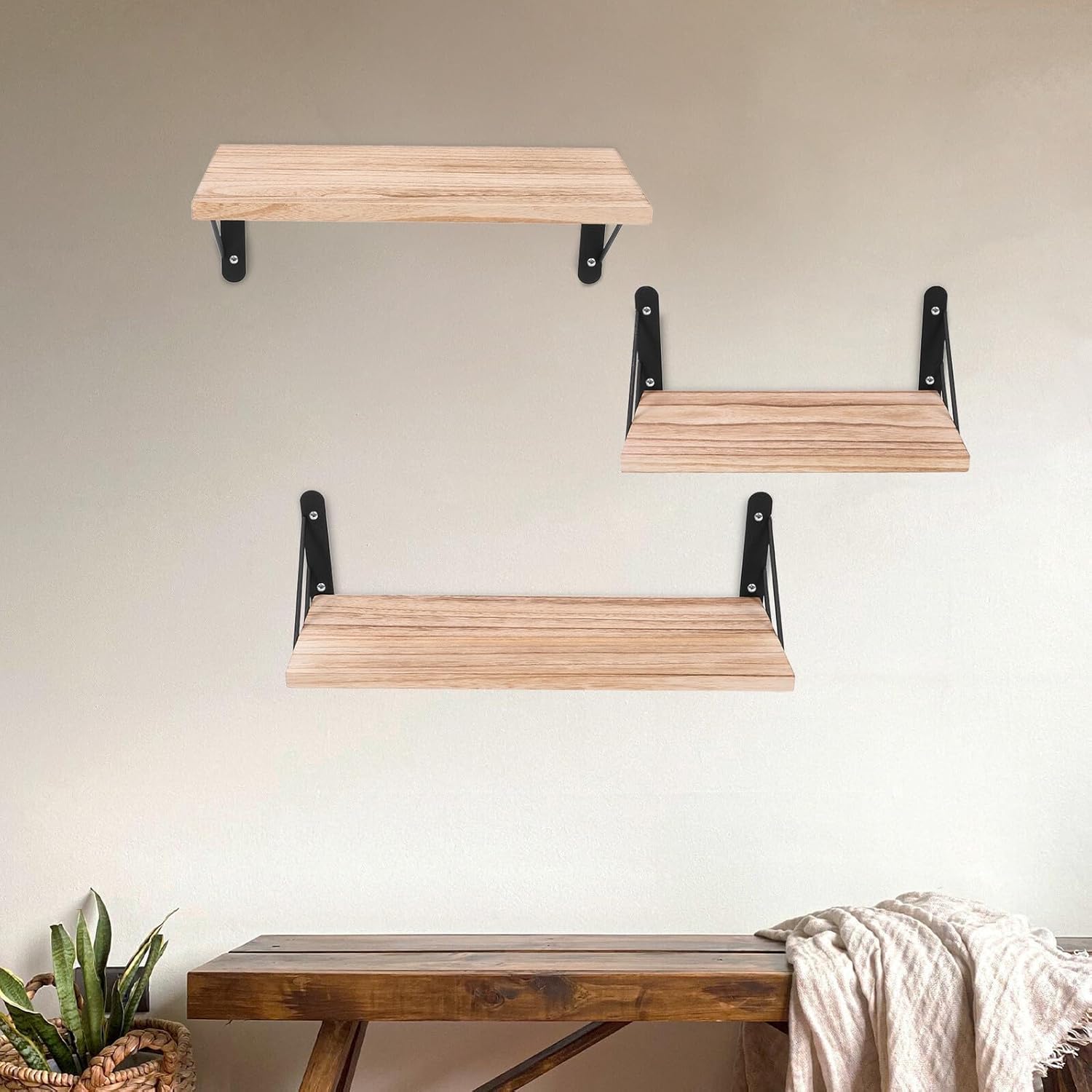 POPETPOP Rustic Floating Wall Shelves 3pcs Set Light Wood Tone Floating Bedroom Shelf with Wall Mounted Storage for Living Room Home Organization