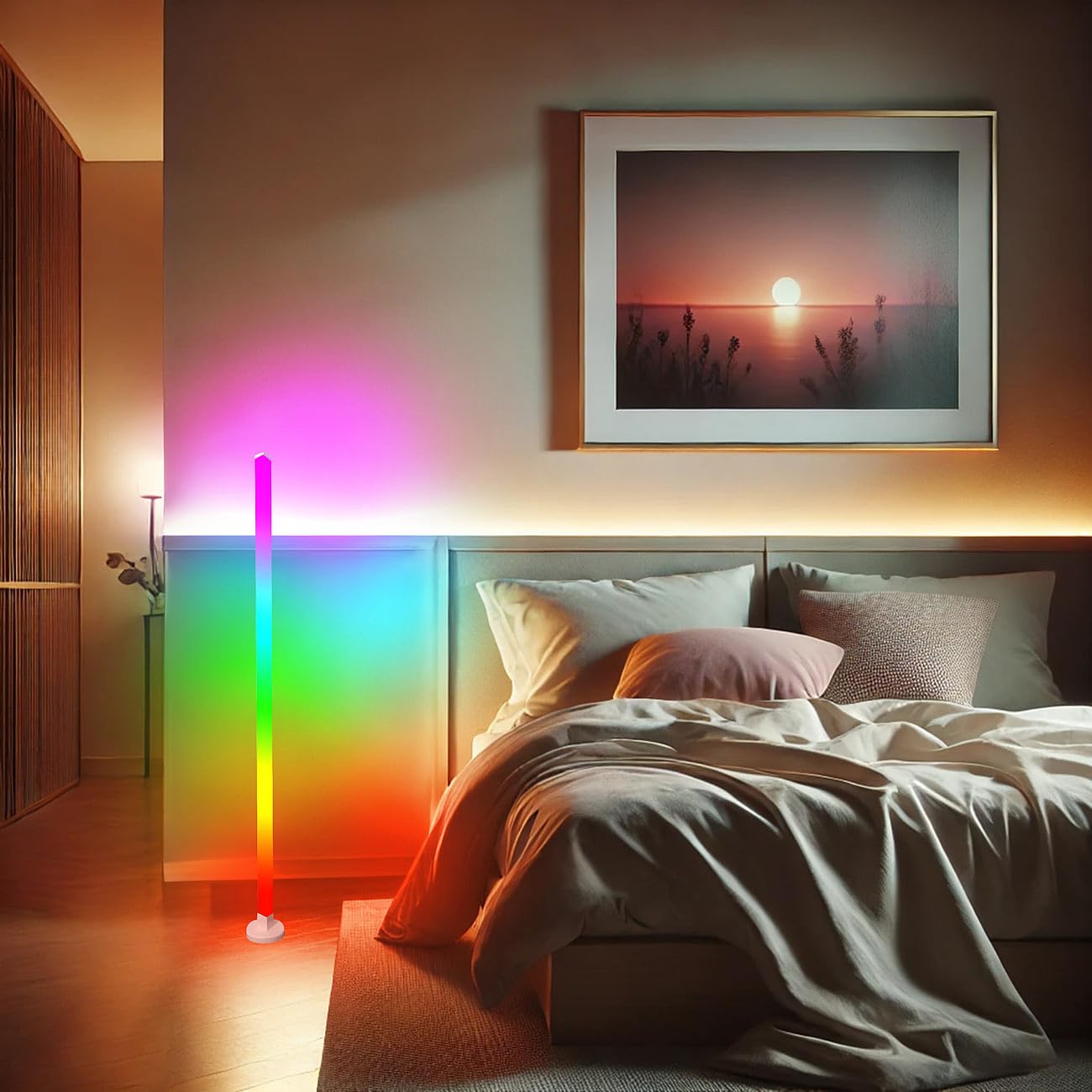 Luminea Home Control Led Wohnzimmerleuchten: 4er-Set Smarte WLAN-Standleuchte mit RGB-IC-LEDs, App, 10 W, 150 cm (Alexa Stehlampe, Ecklampe LED)