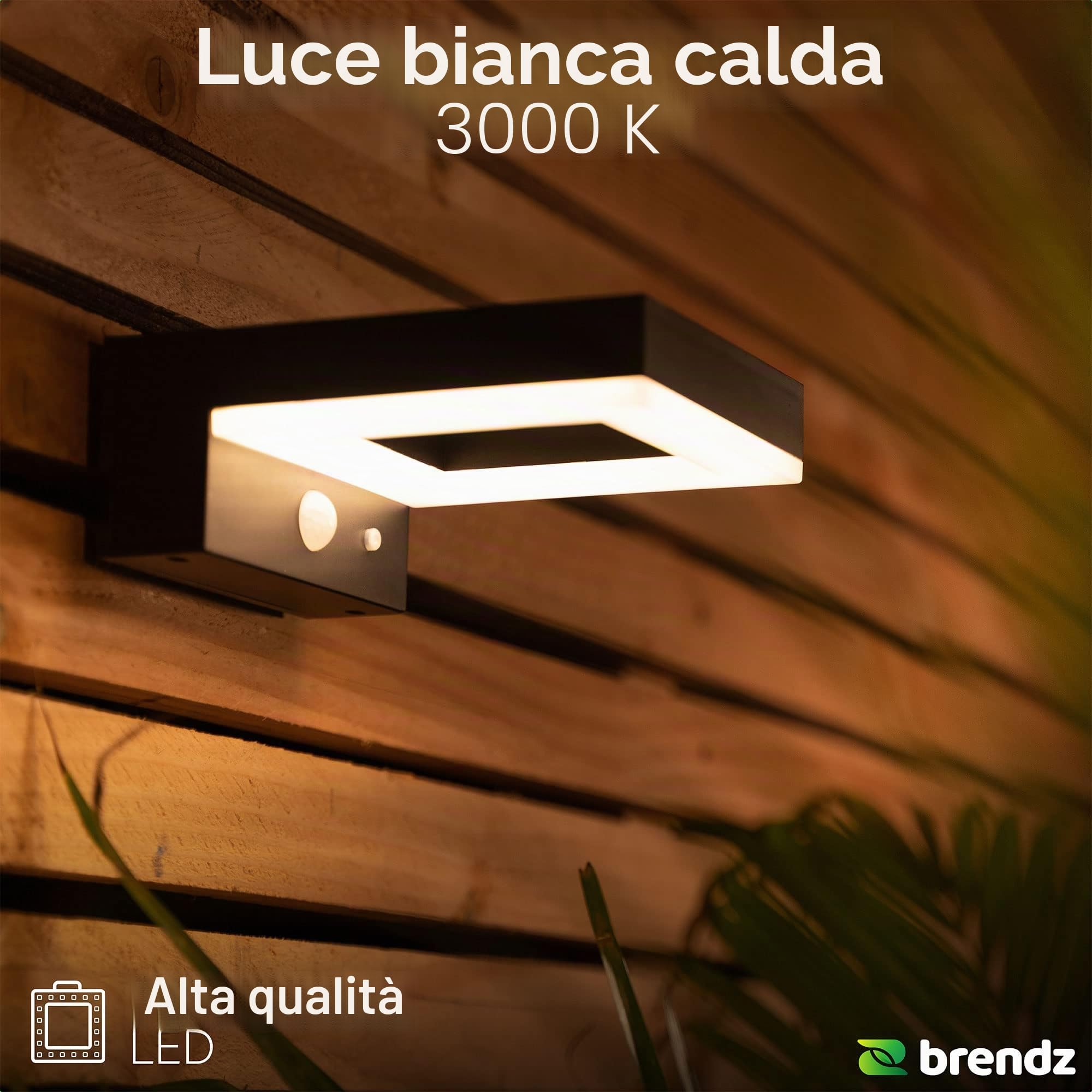 Brendz Applique da parete esterno solare con sensore di movimento PIR, 600 Lumen, Impermeabile IP44, lampada solare da esterno con 3 Modalità regolabili, Luce bianca calda 3000k, Set di 2