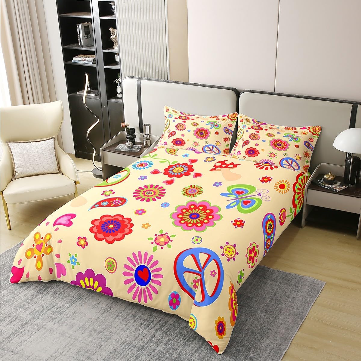 100% Cotton Groovy Flower Bedding Retro Groovy Comforter Cover 70S Psychedelic Floral Bedding Boho Exotic Butterfly Peace Sign Pattern Duvet Cover Bohemian Abstract Disco Hippie Quilt Cover Full