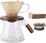 Lalord Cafetière à infusion, ensemble en verre borosilicate de 20 oz avec 100 pcs filtre en papier taille 02, col en noyer & couvercle en verre, cafetière goutte à goutte, 1-3 tasses, Transparent (ensemble de 600 ml)