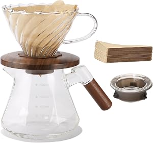 Lalord Pour Over Coffee Maker, 20 oz Borosilicate Glass Set with 100 pcs Size 02 Paper Filter, Walnut Collar & Glass Lid, Drip Coffee Maker, 1-3 Cups, Clear (600 ml Set)