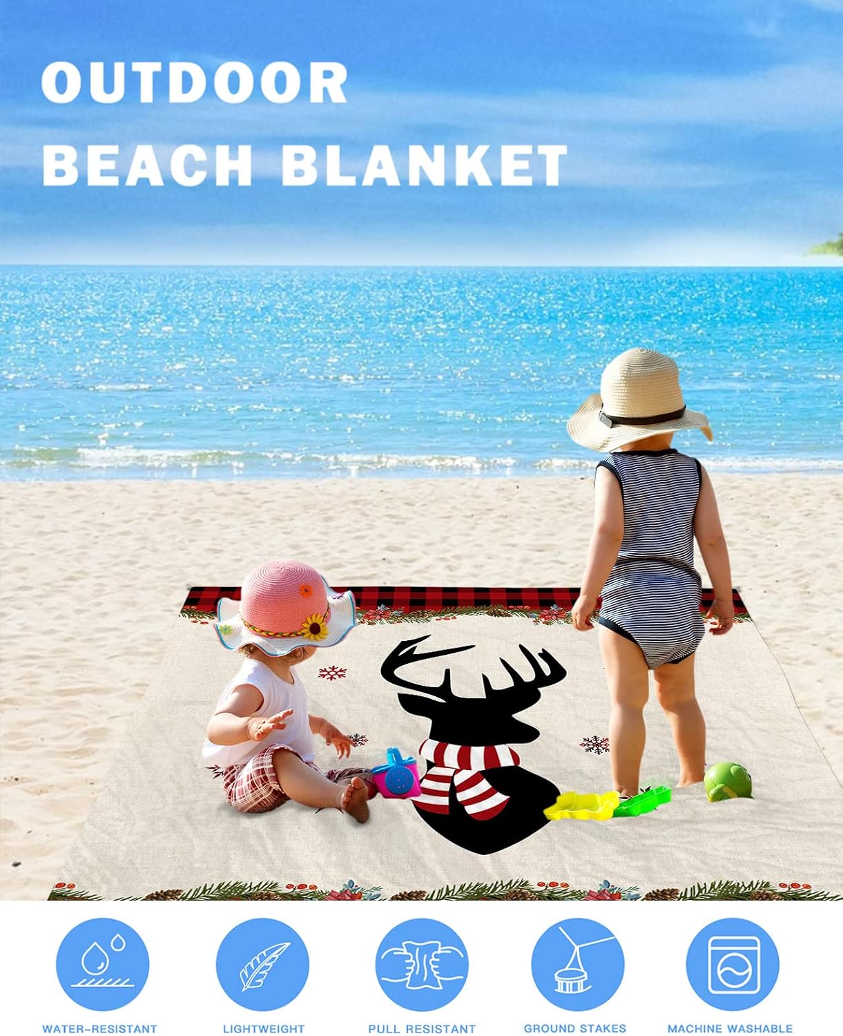 Vintage Christmas Elk Red Scarf Beach Blanket Waterproof Sandproof Outdoor Picnic Mat 108"x84" Buffalo Plaid Retro Linen Texture Lightweight Large Beaach Blankets with 4 Stake & 4 Corner Pockets