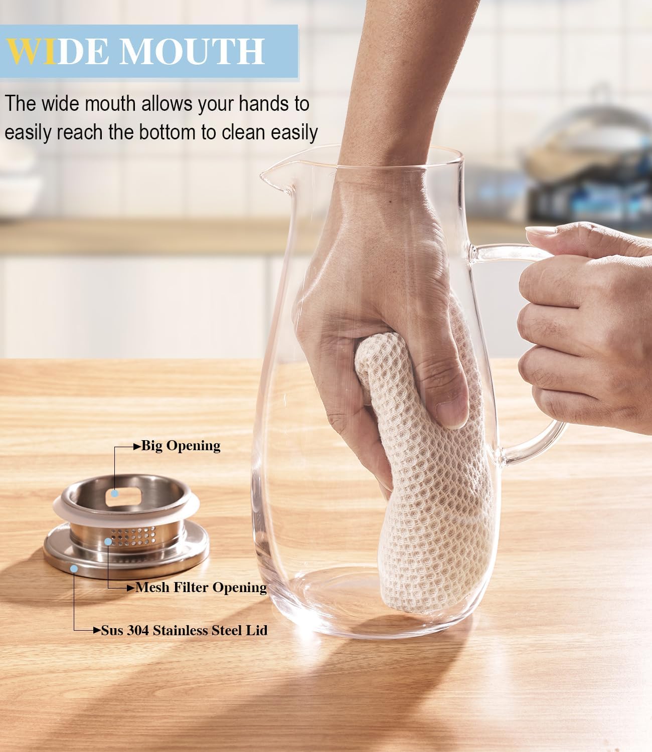 LUNA & MANTHA Glass Pitcher with Lid, Water Pitcher for Fridge, 64oz Drink Jug with handle, Borosilicate Glass for Iced Tea, Juice, Milk, Coffee Hot Cold Beverages Carafe 2 Quart - Image 5