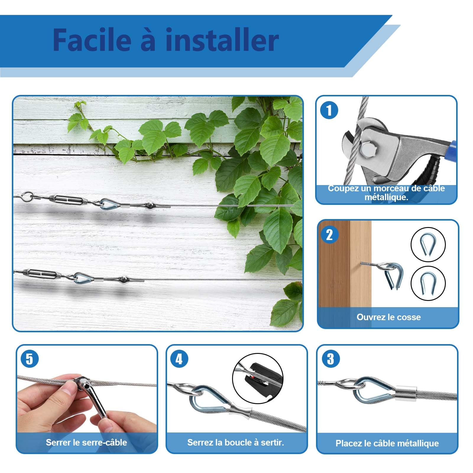 Angooni Lot de câbles en acier de 20 m, câble métallique épais de 3 mm, tendeur de câble M5, tendeur de câble en acier inoxydable, crochet mural M5, câble en acier avec œillets, tuteurs pour plantes