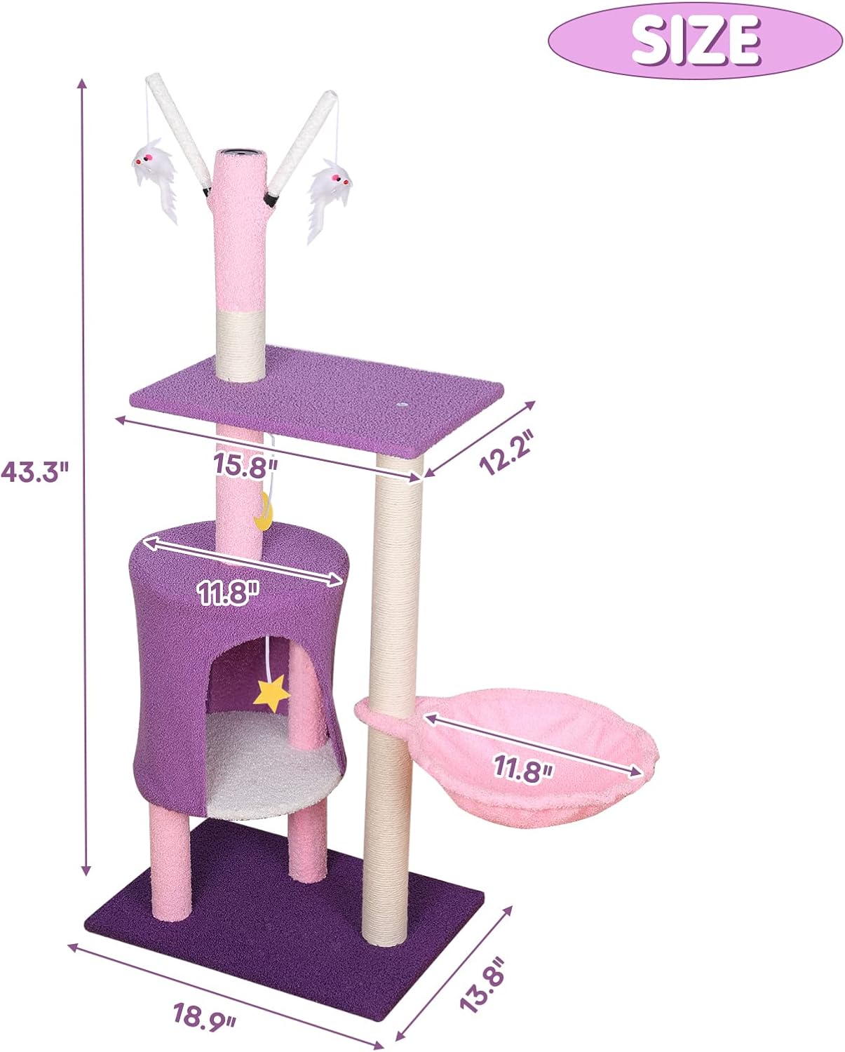 review Cat Tree 43.3inch Cat Scratching Post Multi-Level Cat Tower Cat Tree Tower Cat Condos Adorable Cat Activity Trees for Indoor Cats Kittens Pet House (Purple&Pink)