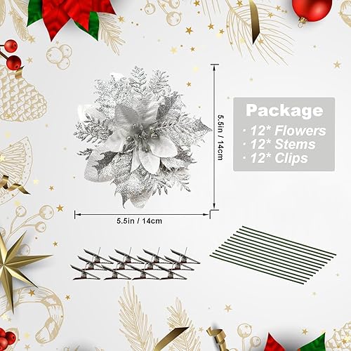 Miniatura 26 de 12 piezas de flores de Pascua artificiales de Navidad con clips y tallos, decoraciones de Navidad con purpurina para adornos de árbol de Navidad