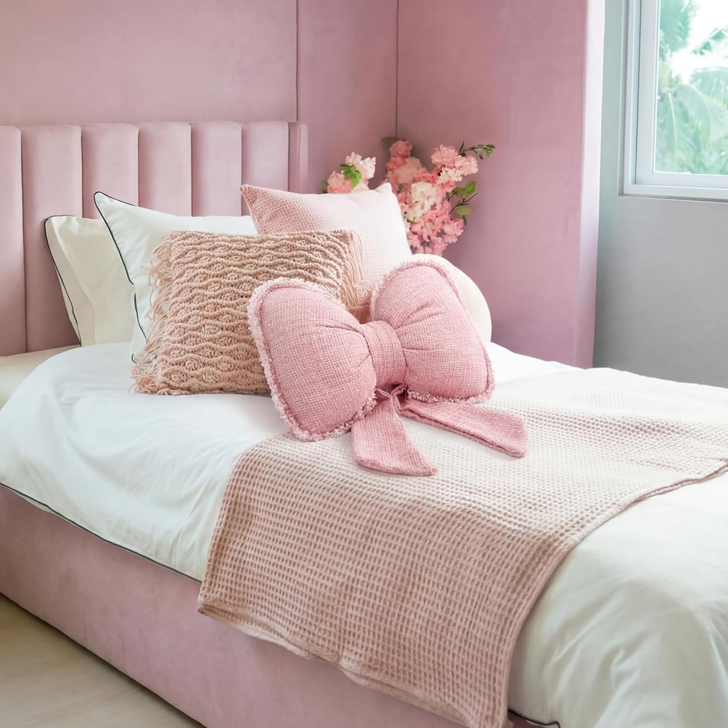 Kathfly Pink Bow Pillow Soft Bow Shaped Throw Pillows Decorative Cute Cushion Aesthetic Home Decor for Room Bed Sofa Couch(Lace Trim,Polyester)