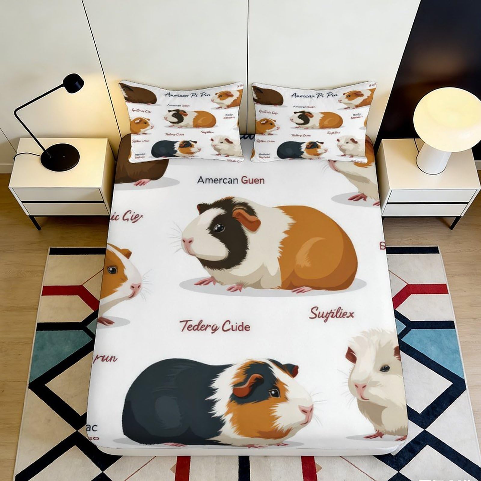 3D Printed Guinea Pig Fitted Sheet Microfiber Soft Cute Rodent Bed Cover for Bedroom Dorm Mattress Protection Decor 90x200x25cm