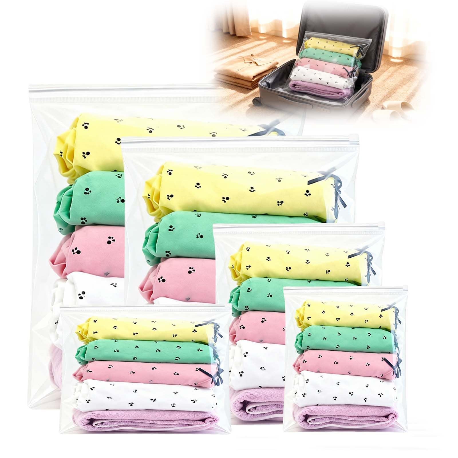 Ziplock Bags for Clothes, 50 Pcs 5 Sizes Travel Clothes Storage Bags, Reusable Clear Storage Bag Zip Lock Seal Bag for Travel Luggage Shoes Cosmetics