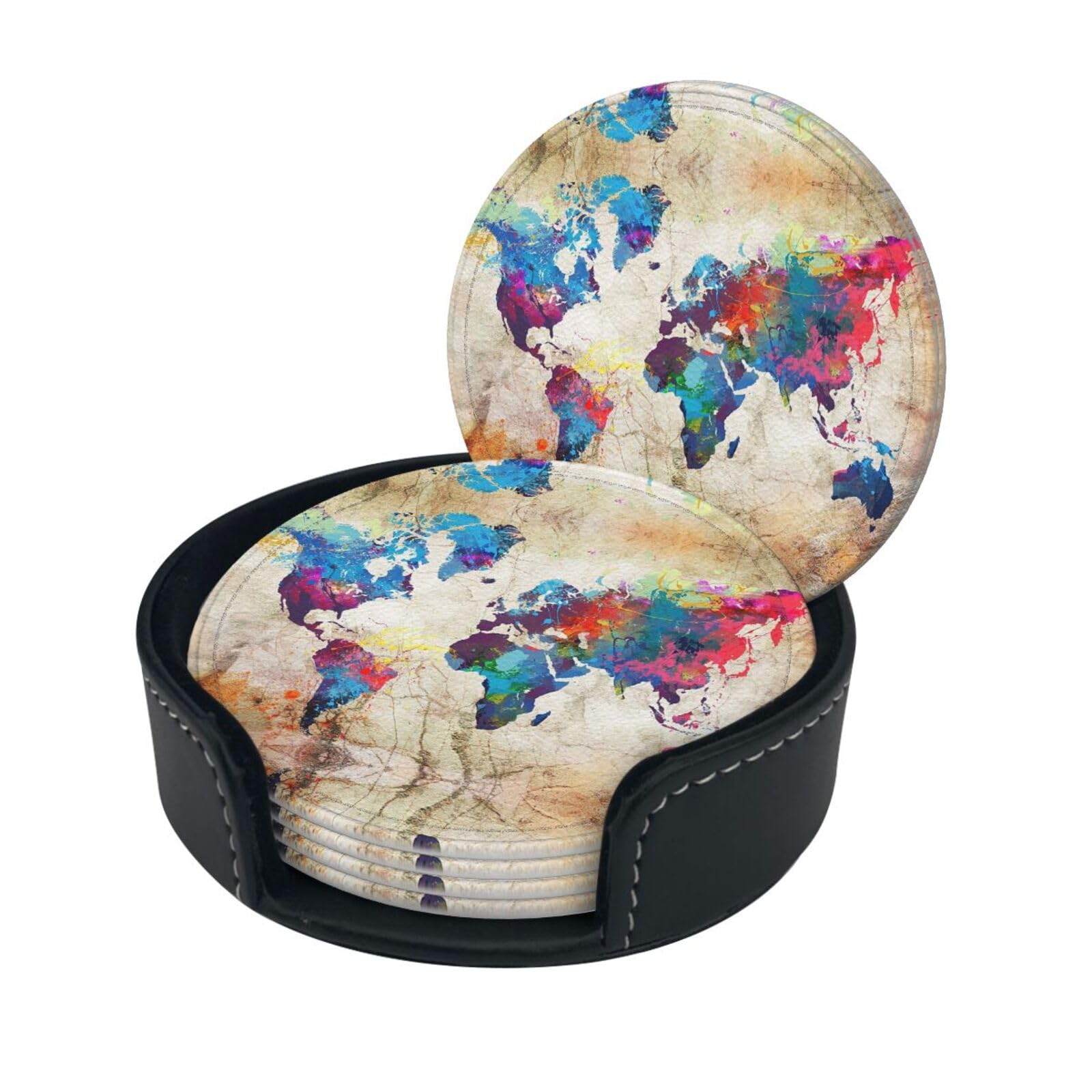 Lklddpzb White Abstract World Map Print Round Leather Coasters - Set Of 6, Ultra-Fiber Pu Leather