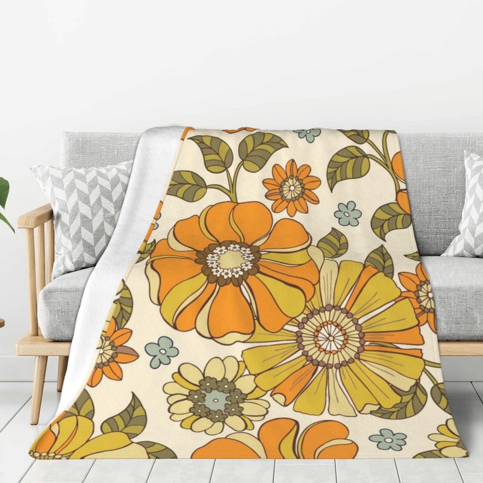 Lfeartesa As Shown Throw Couch And Armchair, Bedspreads, Travel Blanket Throw Blankets For Sofas Bed, Colorful Retro 70S Flower,60"X50"