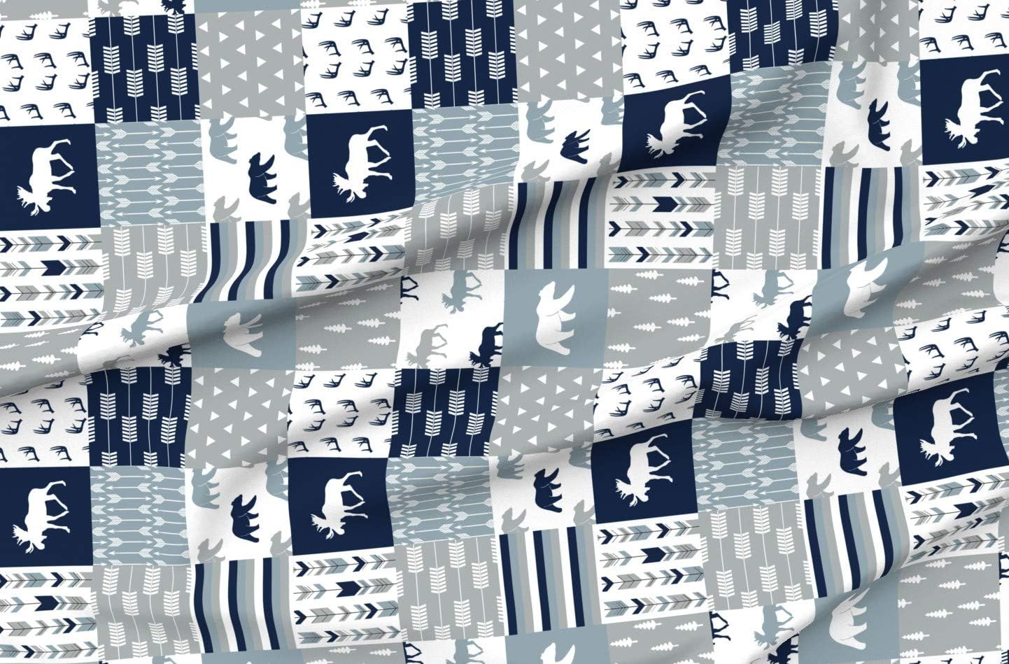 Spoonflower Fabric - Wholecloth Moose Bear Navy Rustic Woods Blue Grey Woodland Patchwork Printed on Minky Fabric by The Yard - Sewing Baby Blankets Quilt Backing Plush