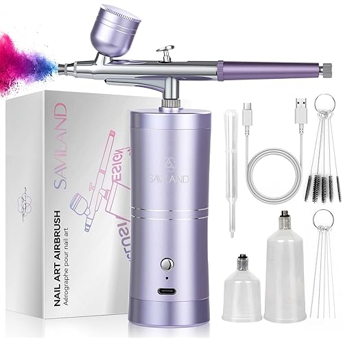 SAVILAND Airbrush for Nails: Limitless Nail Art Creativity Airbrush Kit Pro Dual-Mode Rechargeable 0.3mm Nozzle Makeup Set Nail Airbrush Machine for Ombre French Airbrush Paint Salon（Purple）