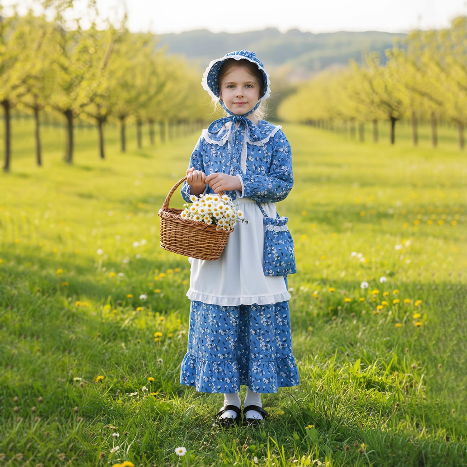 Girls Pioneer Colonial Costume Pioneer Outfit for Kids Floral Prairie Dress with Bonnet, Apron and Purses
