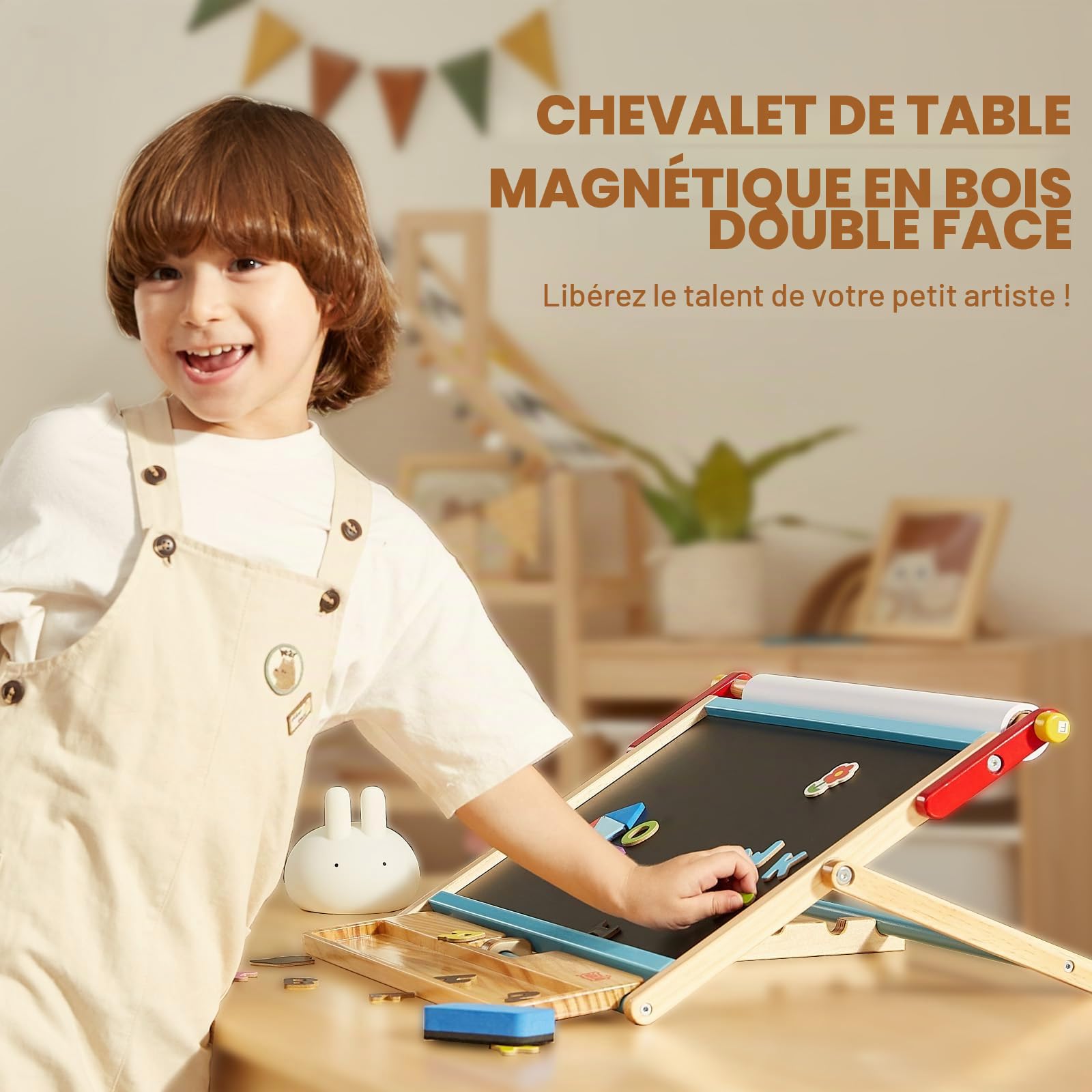 FUNLIO Chevalet de table en bois anti-déformation pour enfants à partir de 3 ans (plus de 100 pièces), chevalet magnétique double face avec 3 angles réglables, chevalet pour enfants, pliable - Bleu