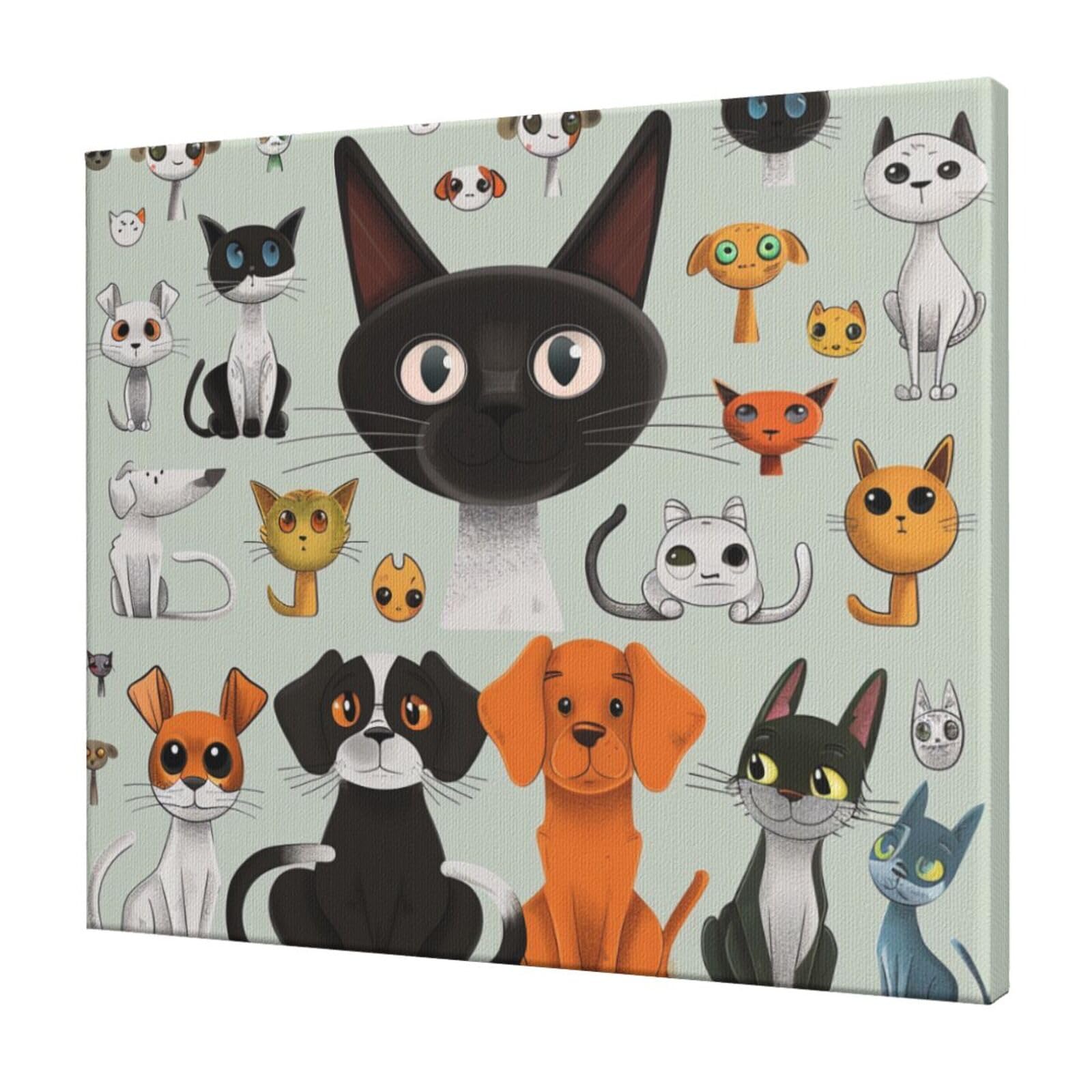 YKLJG Cartoon Cat and Dog Printed Wall Art Canvas Prints 60x50 CM Wooden Framed Picture Painting Artwork for Bedroom Kitchen Home Office Decor