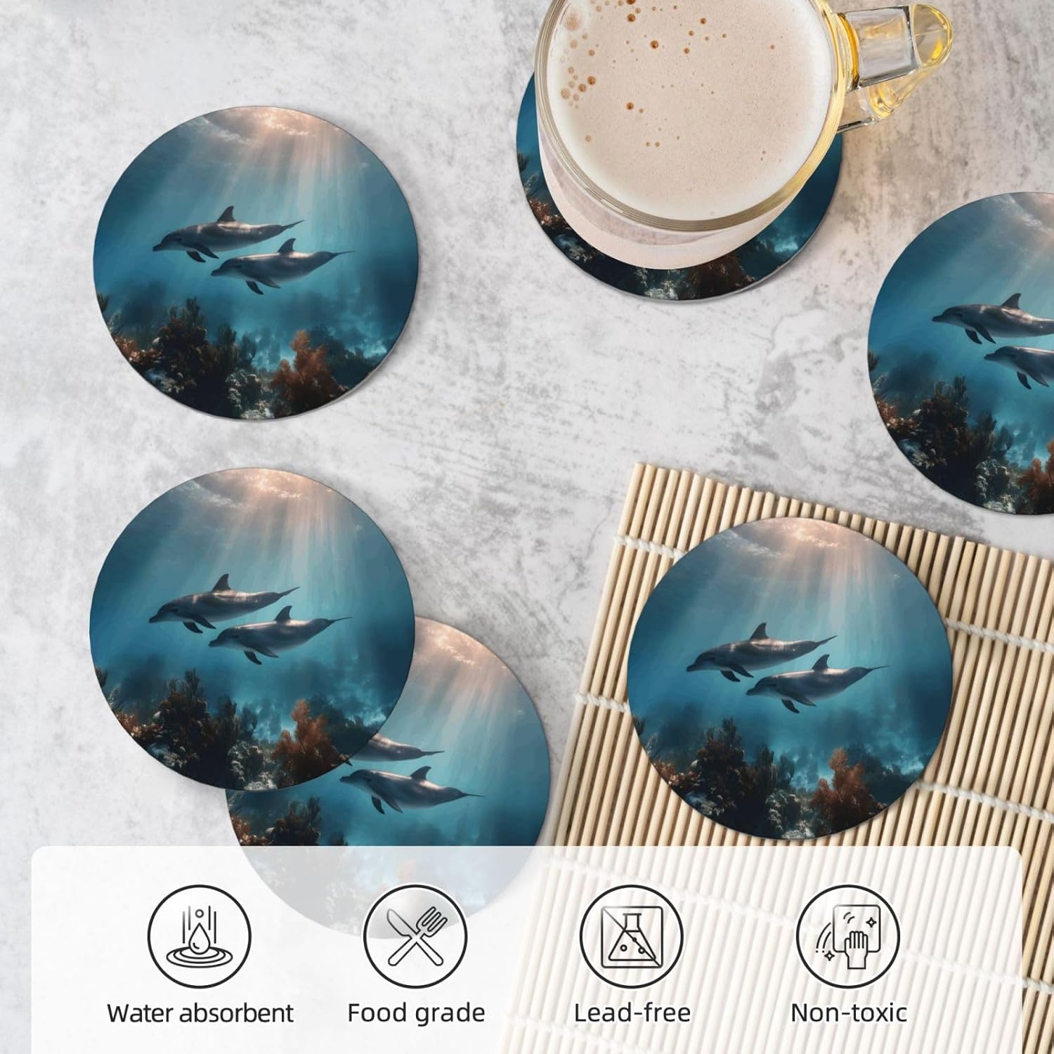 (Dolphin) Ceramic Coasters Set of 6 with Holder Non-Slip Round Coffee Coasters for for Cup Mug Drink Patio Coffee Table Decor, Christmas Coasters Home Bar Supplies