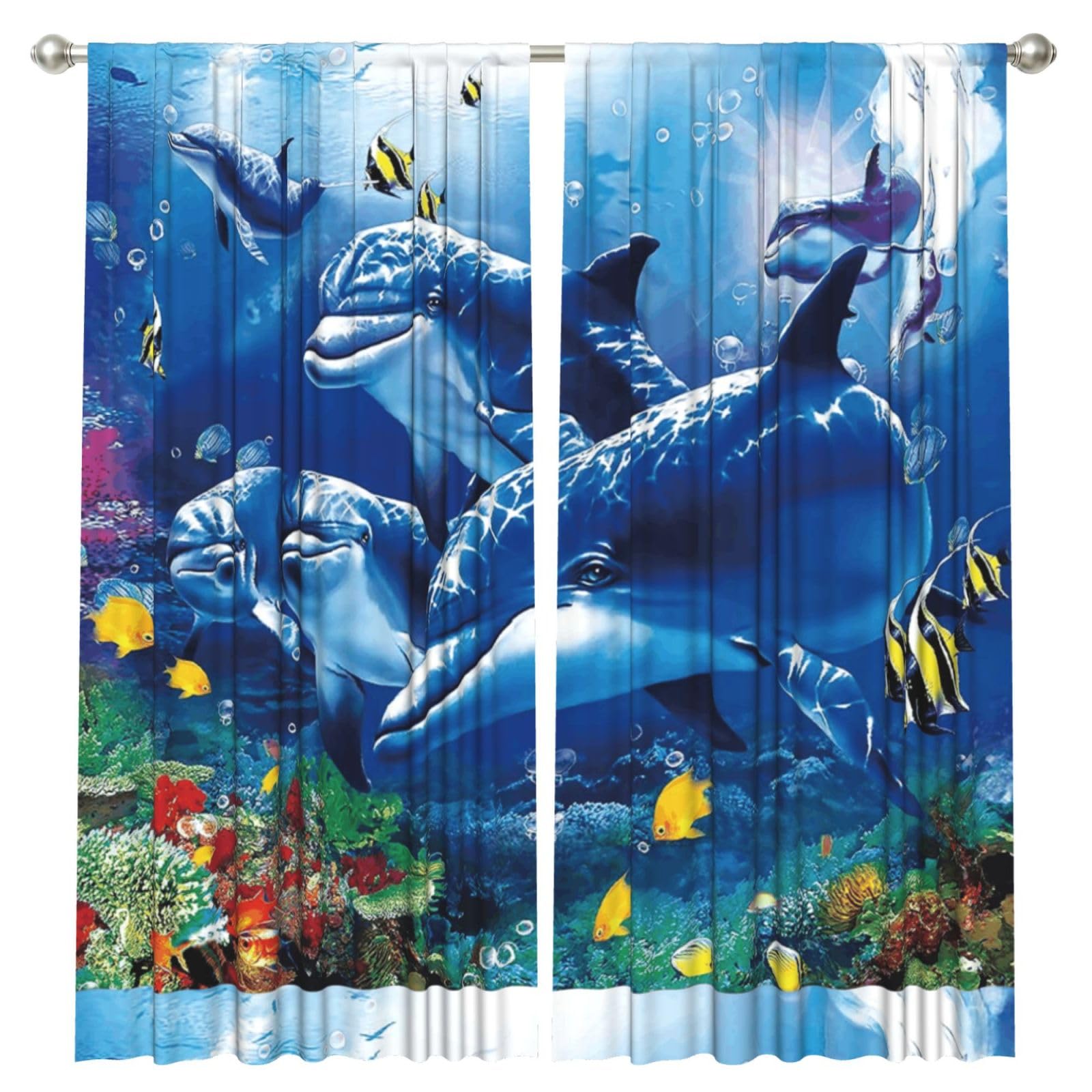 InOmak Marine Life Blue Sea World Coral Dolphin, 2 Panels Window Curtains 52 x 84 Inch Blackout Curtains for Living Room Bedroom
