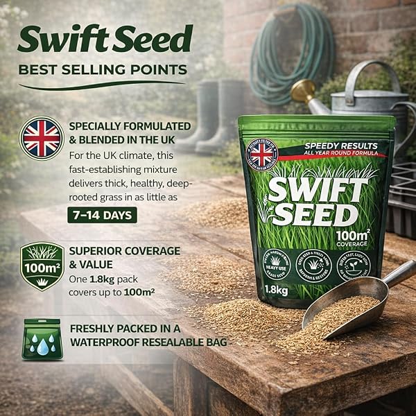 1.8kg Grass Seed by Swift Seed Covers 100m² Premium Fast Growing, Hard-Wearing Lawn Rapid Growing Germinating Lawns, Patch Repair & Overseeding -UK Climate Blend EEC Rule & Standards (All Year, 1.8kg) - 3