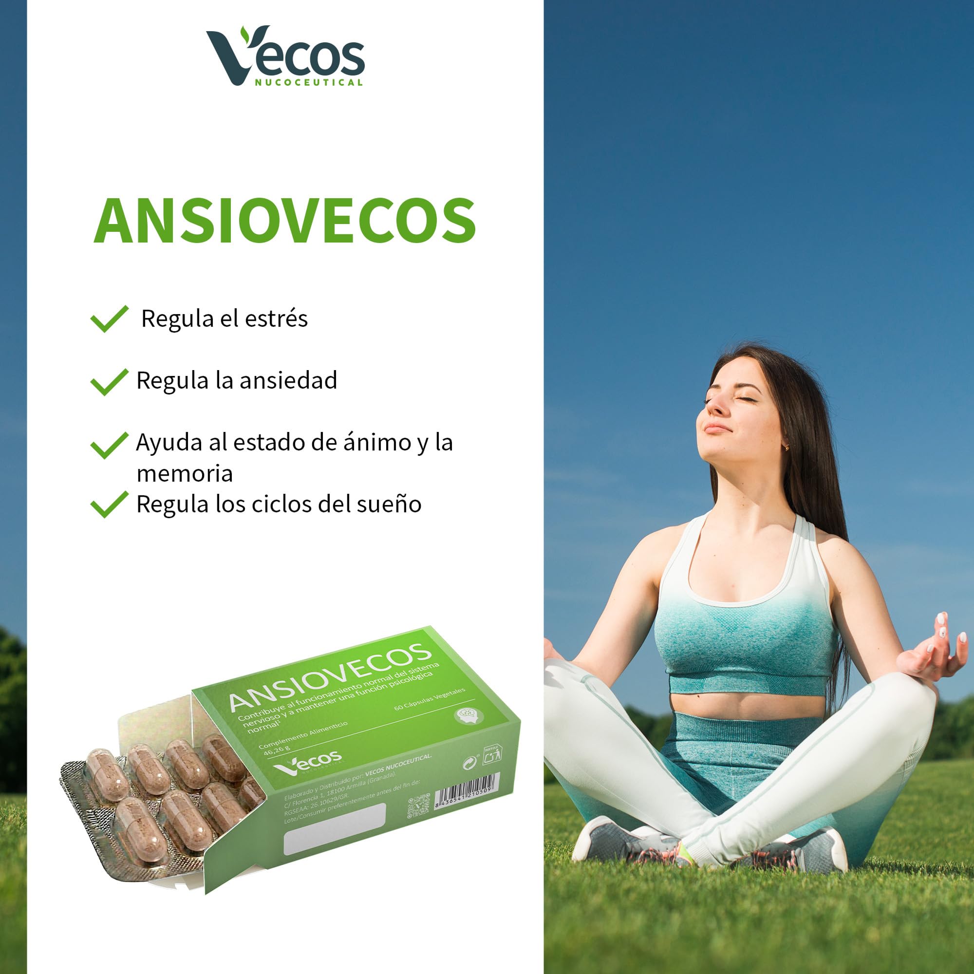Ansiovecos con L-Triptofano | Contribuye a Regular Estrés, Ansiedad y Sueño | Contiene vitaminas B1, B6 y C, Ácido Fólico, Magnesio y Extractos de Grifonia y Rodiola | Suplemento Alimenticio