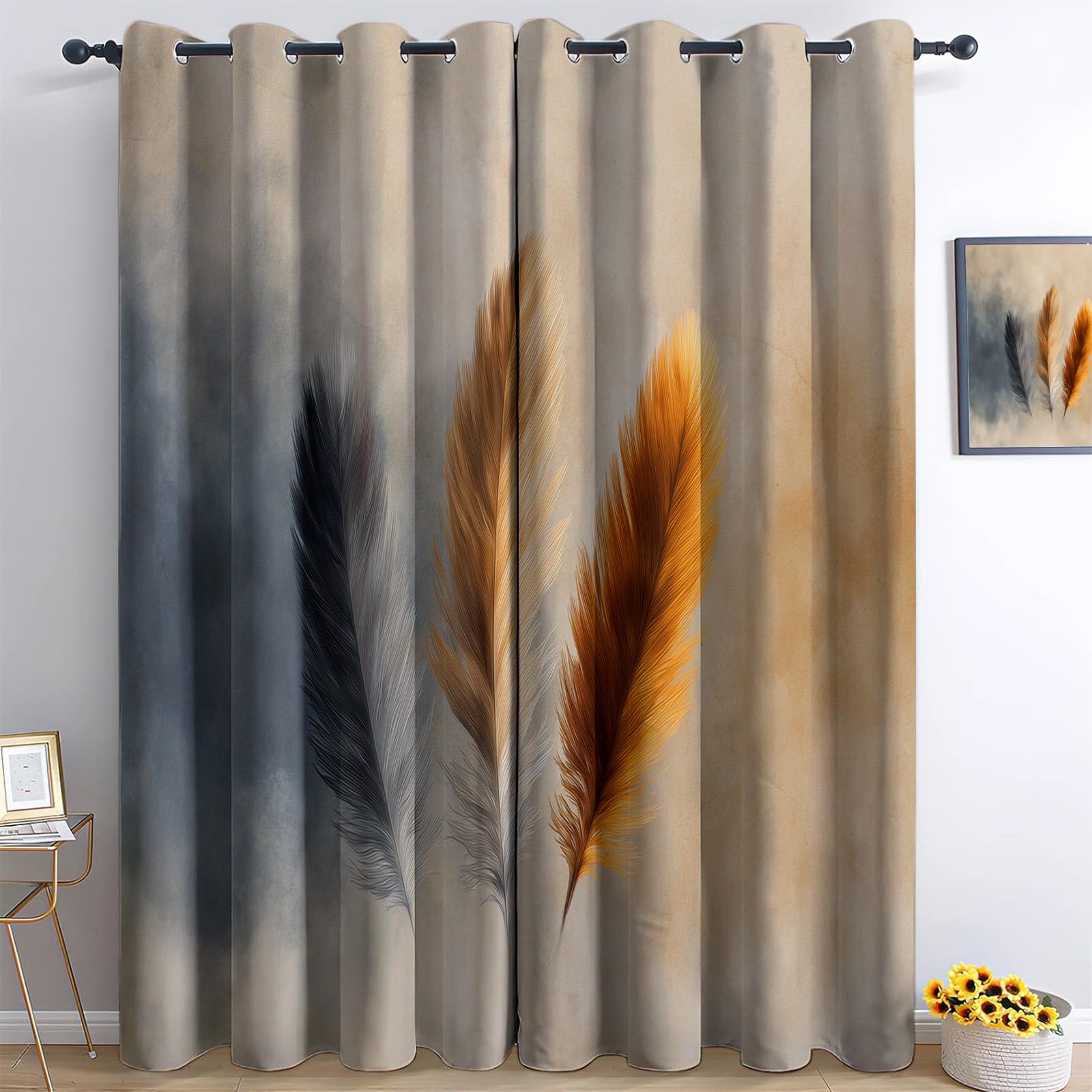 Tende oscuranti con texture di piume bohémien, 228 cm, multicolore con isolamento termico, con occhielli, per camera da letto e soggiorno, 2 pannelli, totale 234 x 229 cm (larghezza x