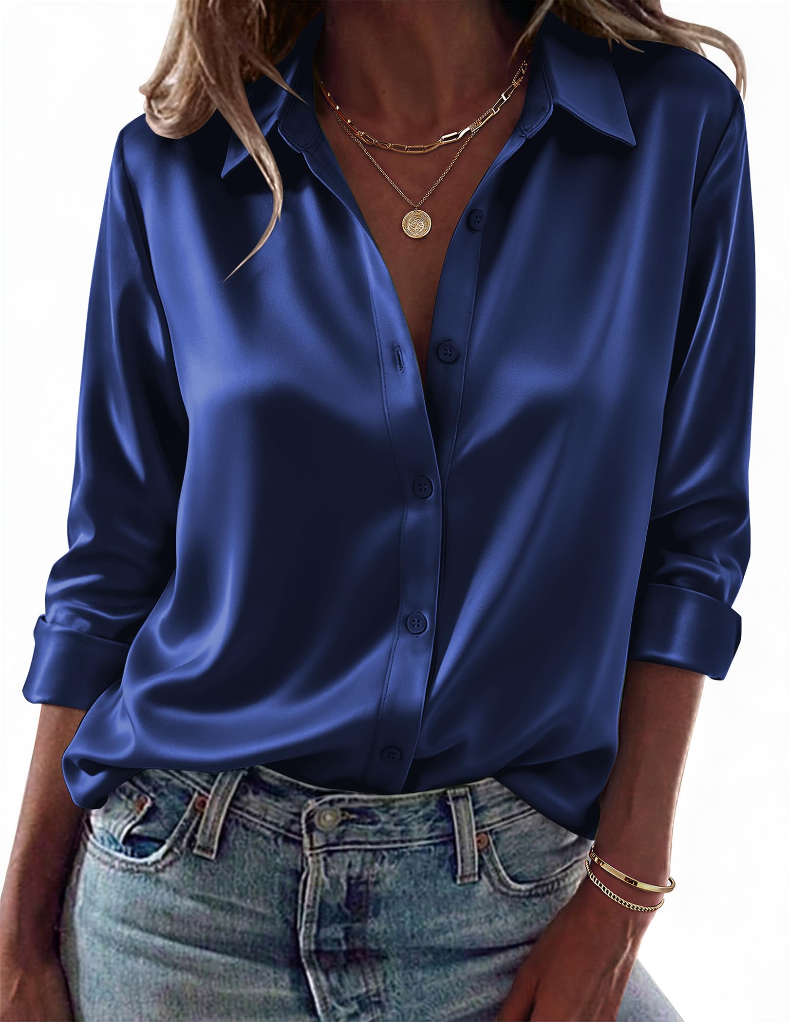 Zeagoo Womens Tops Long Sleeve Satin Silk Button Down Shirts Dressy Blouses Global Recycled Standard Global Recycled Standard Global Recycled Standard